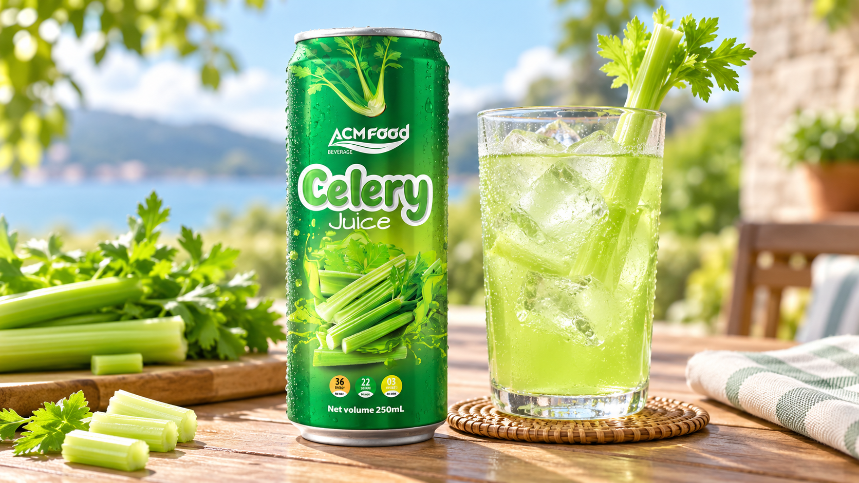 A tall glass of clear pale green celery water with ice and a celery stick on a sunny outdoor table, diffused daylight, clean modern styling