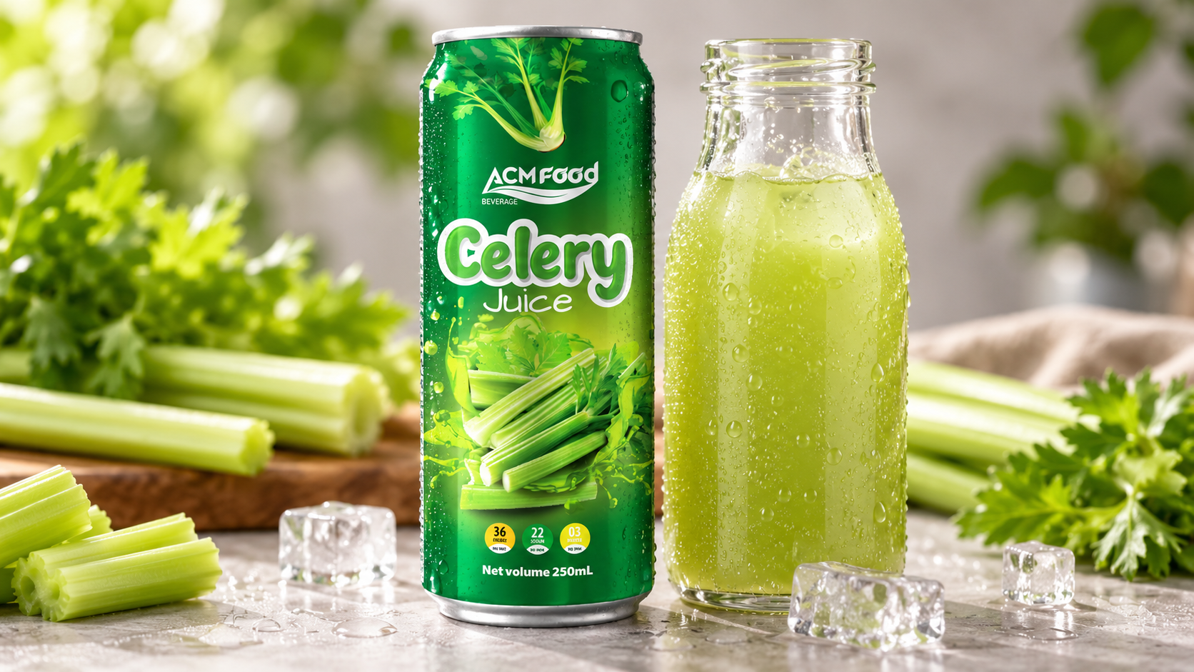 Close-up of a slim aluminium can and a clear glass bottle of light green celery water with condensation on a neutral surface, shallow depth of field