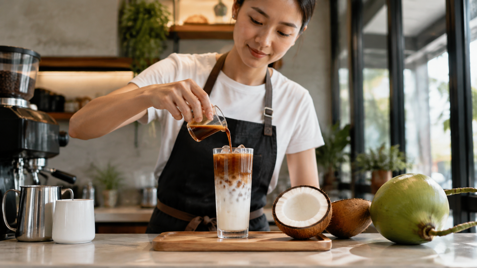 Barista in a bright modern cafe pouring a shot of espresso over a tall glass of iced coconut water, layered drink visible, coconut halves and coffee equipment on the counter, natural window light, realistic commercial lifestyle photography, 16:9 landscape, no text, no logos