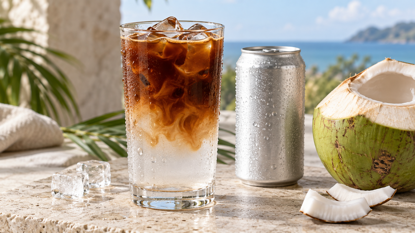 Close-up of a tall glass of iced coffee with coconut water showing a gradient from clear to dark brown, beside a chilled aluminium can and a halved young coconut on a light stone surface, soft natural light, realistic commercial beverage photography, 16:9 landscape, no text, no logos