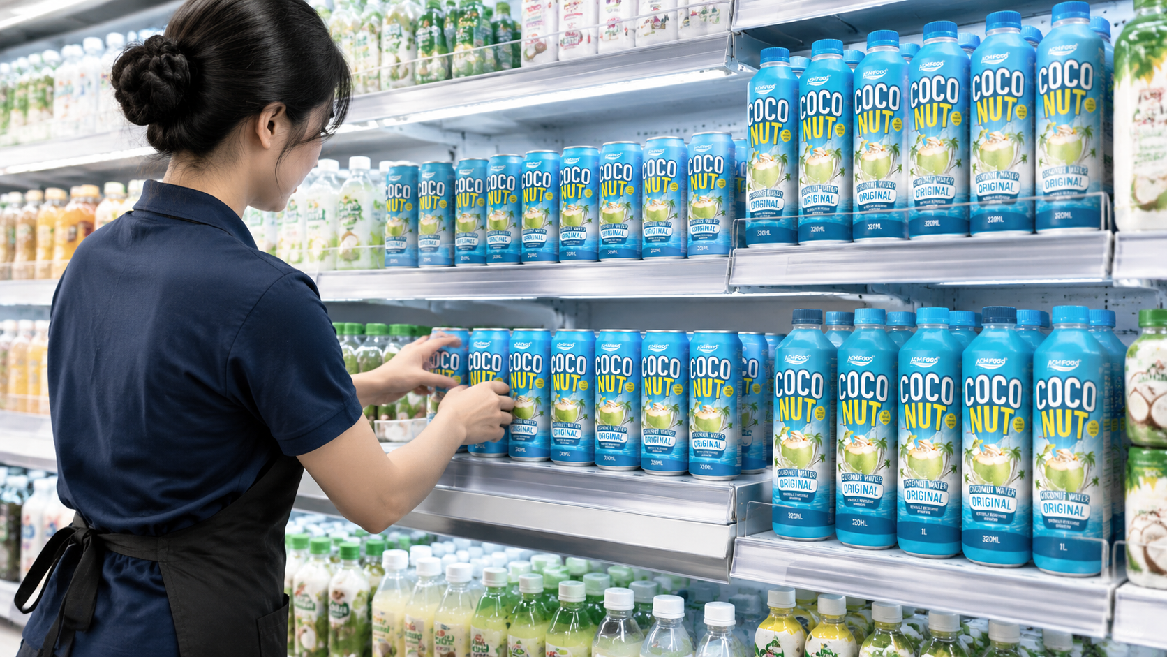 Supermarket beverage aisle with a well-stocked chilled shelf of coconut water cans and bottles in several sizes, a store employee arranging products, bright clean retail lighting, realistic commercial photography, 16:9 landscape, no text, no logos