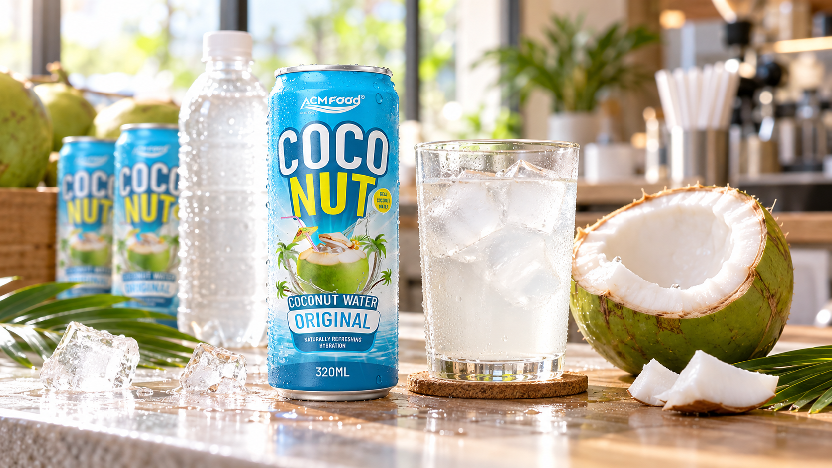 Close-up of chilled coconut water cans and a PET bottle on a cafe counter next to a glass of coconut water with ice and a halved young coconut, bright natural window light, realistic commercial beverage photography, 16:9 landscape, no text, no logos