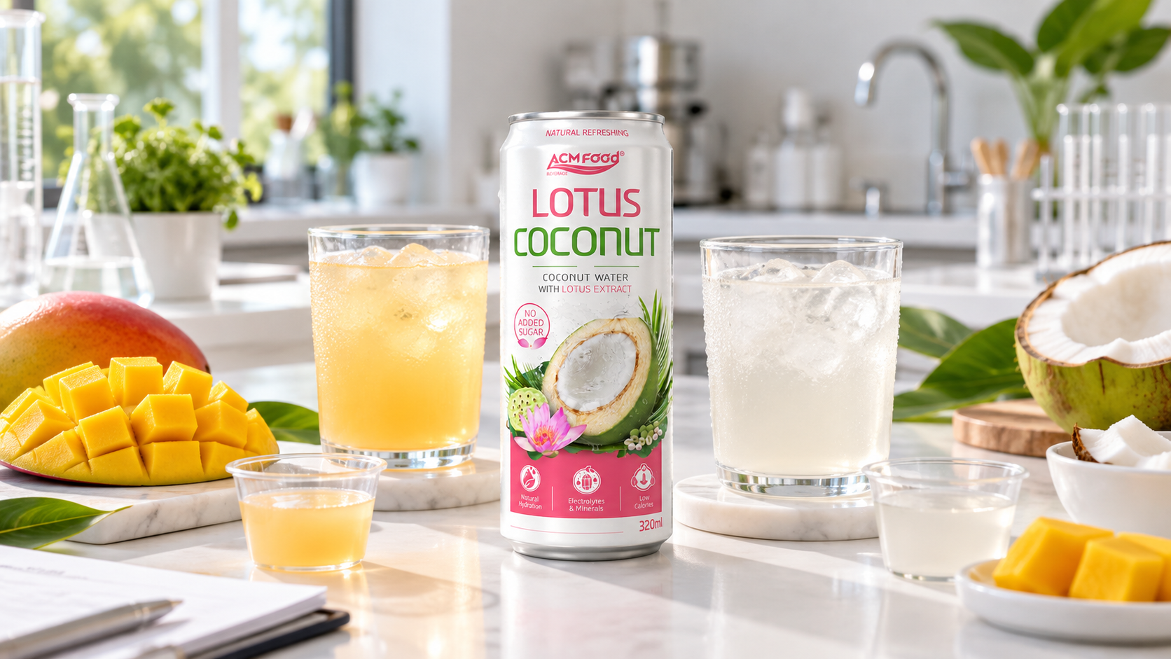 Two clear glasses of flavoured coconut water on a white lab-style tasting table in a bright product development kitchen, one pale orange and one almost clear, small cups for tasting and fresh mango pieces nearby, soft daylight, realistic commercial photography, 16:9 landscape, no text, no logos
