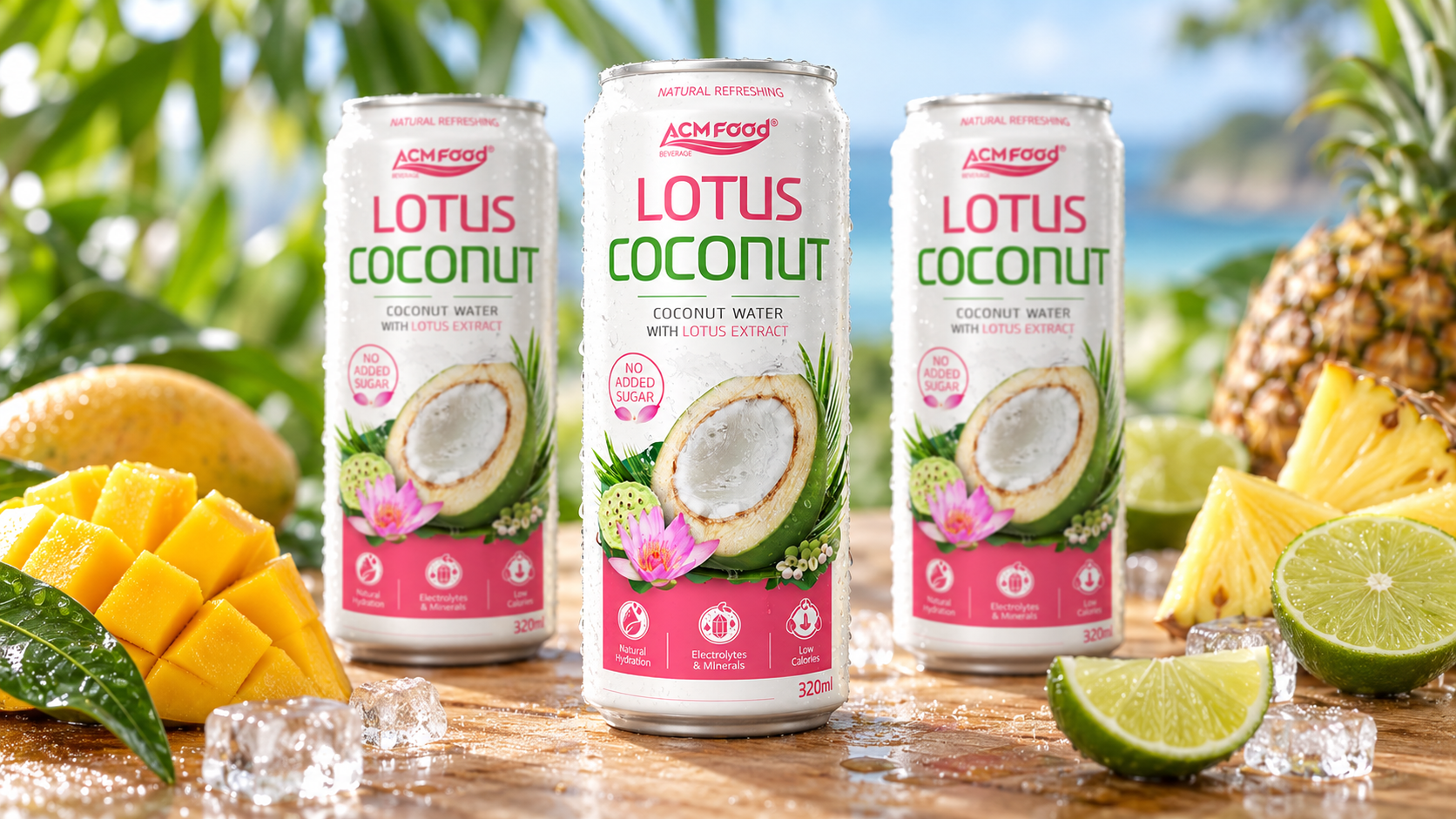 Close-up of three chilled aluminium cans of flavoured coconut water on a light wooden surface with fresh mango slices, pineapple chunks and lime halves arranged around them, soft natural light, realistic commercial product photography, 16:9 landscape, no text, no logos
