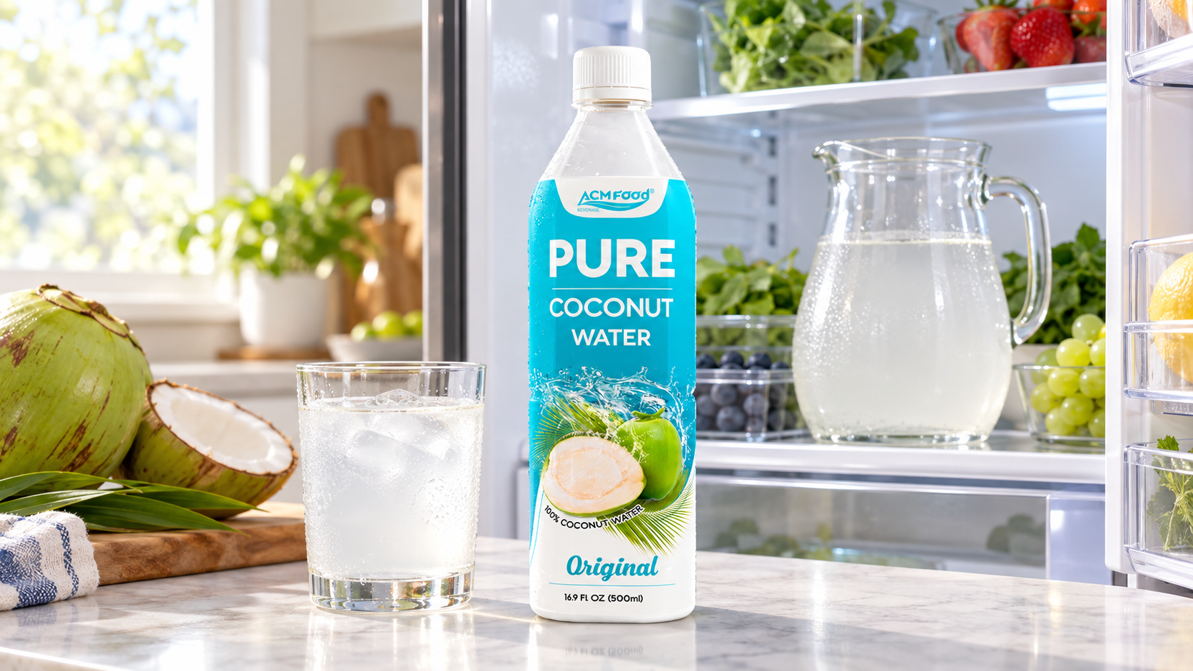 Open refrigerator in a bright home kitchen with a resealed PET bottle of coconut water and a glass jug of coconut water on the shelf, a glass of coconut water on the counter in front, natural daylight, realistic commercial photography, 16:9 landscape, no text, no logos