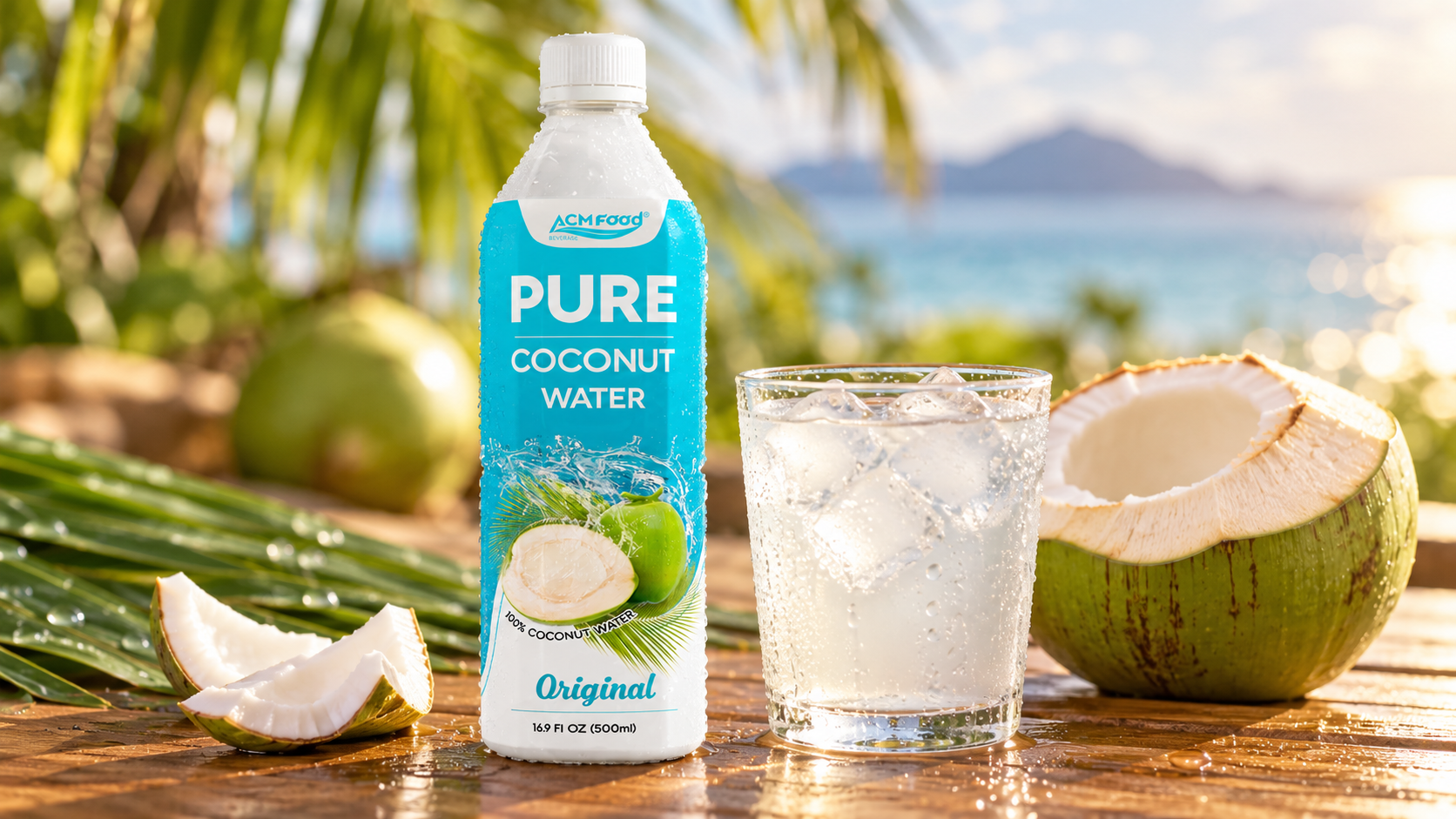 Close-up of a chilled aluminium can of coconut water with condensation next to a glass of coconut water with ice and a halved young coconut on a wooden surface, warm natural light, realistic commercial beverage photography, 16:9 landscape, no text, no logos