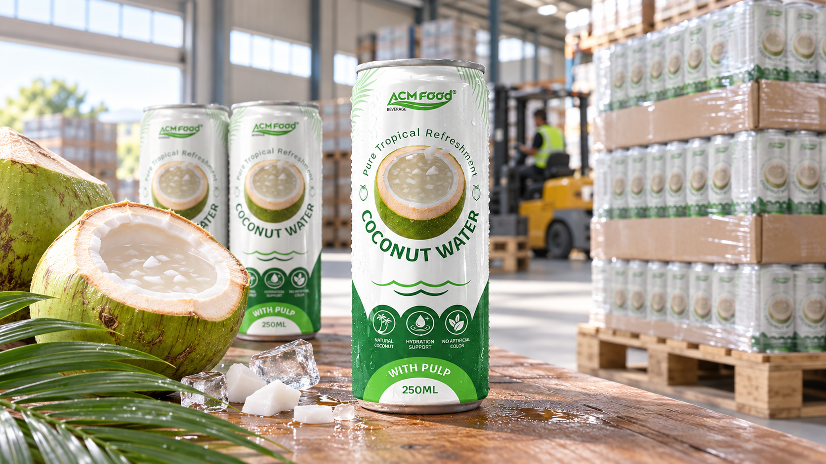 Stacked cartons of canned coconut water on wooden pallets in a bright distribution warehouse, a few cans and a halved young coconut on a table in the foreground, natural daylight from high windows, realistic commercial photography, 16:9 landscape, no text, no logos