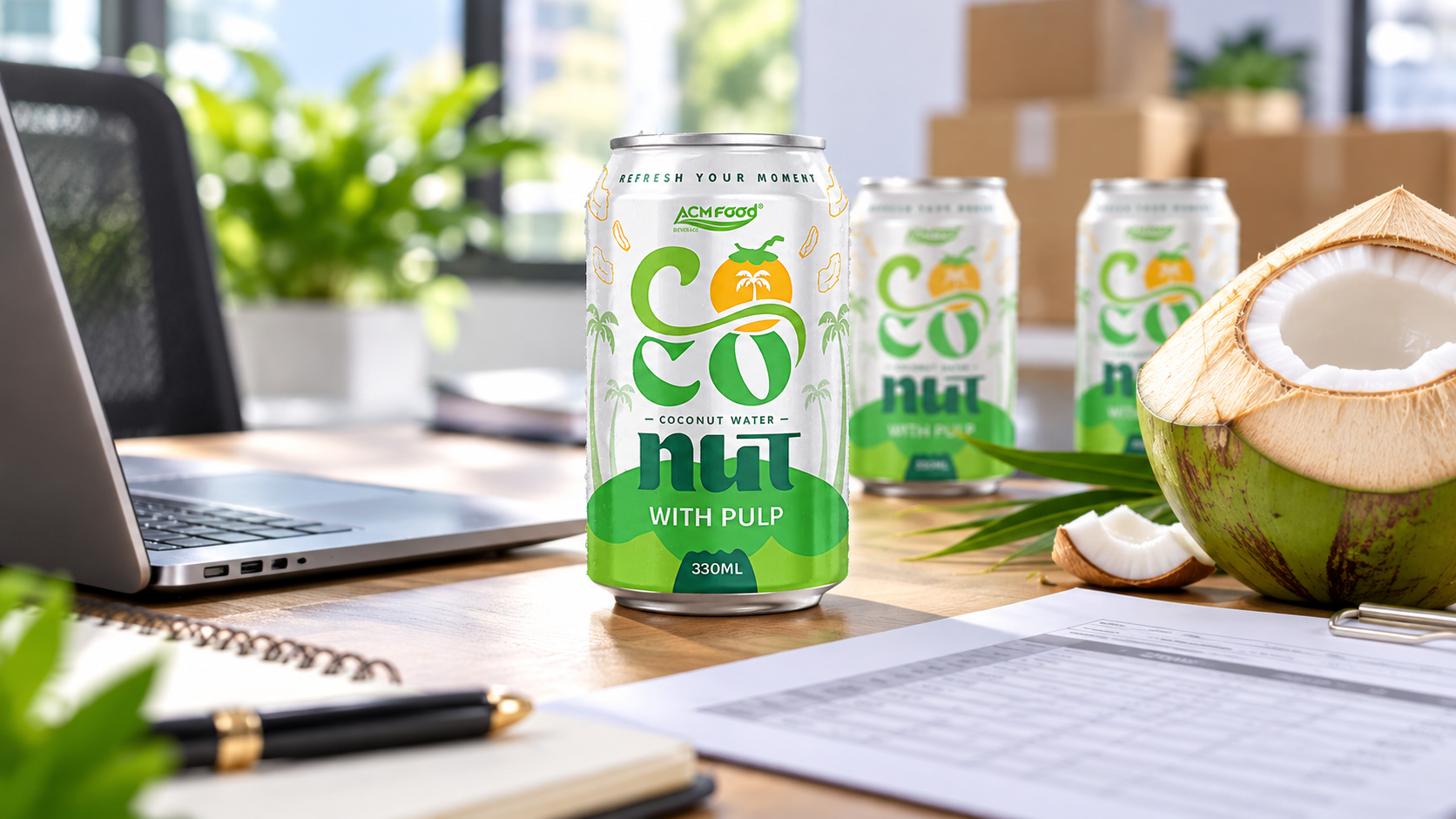 Close-up of a distributor's desk with a laptop, a printed quotation sheet without readable text, sample cans of coconut water and a halved young coconut, bright office daylight, clean styling, realistic commercial photography, 16:9 landscape, no text, no logos