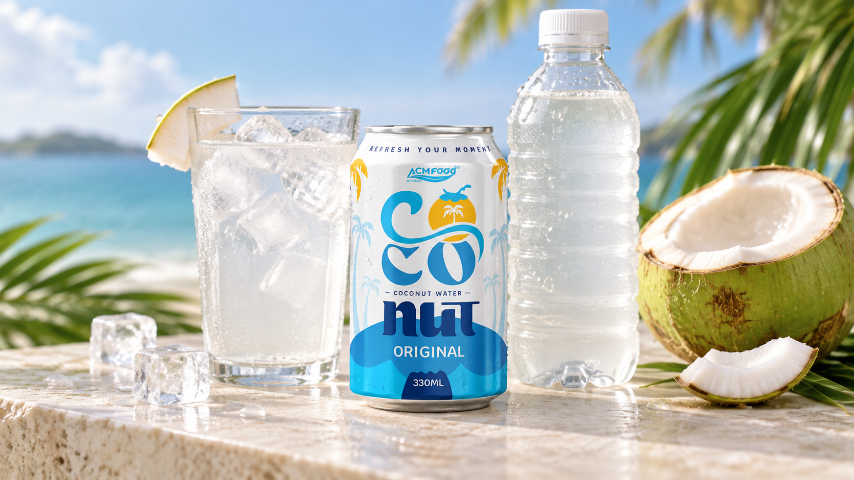 Glass of chilled coconut water with ice next to an aluminium can and a PET bottle of coconut water on a light stone surface, halved young coconut beside them, soft diffused light, realistic commercial beverage photography, 16:9 landscape, no text, no logos