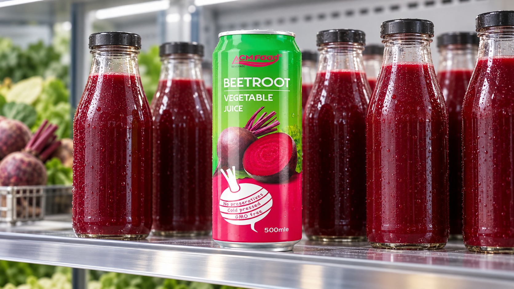 A refrigerated shelf display with several clear bottles of dark red juice arranged neatly in a modern grocery setting, no readable labels, diffused lighting