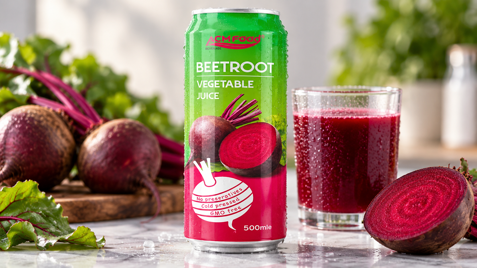 Close-up of a glass bottle of dark red beetroot juice with a few drops of condensation on a light surface, shallow depth of field