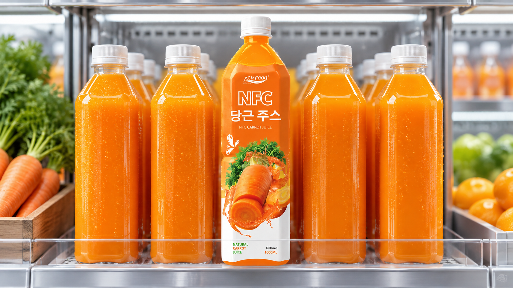A refrigerated shelf with clear bottles of bright orange juice neatly arranged in a modern grocery chiller, no readable labels, diffused lighting