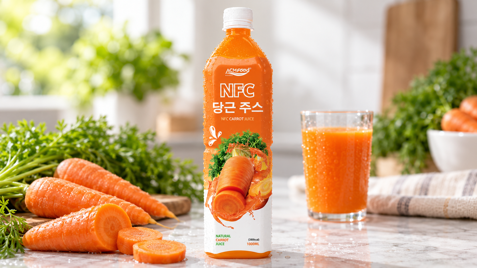 Close-up of a clear PET bottle of bright orange carrot juice with condensation on a light surface, shallow depth of field