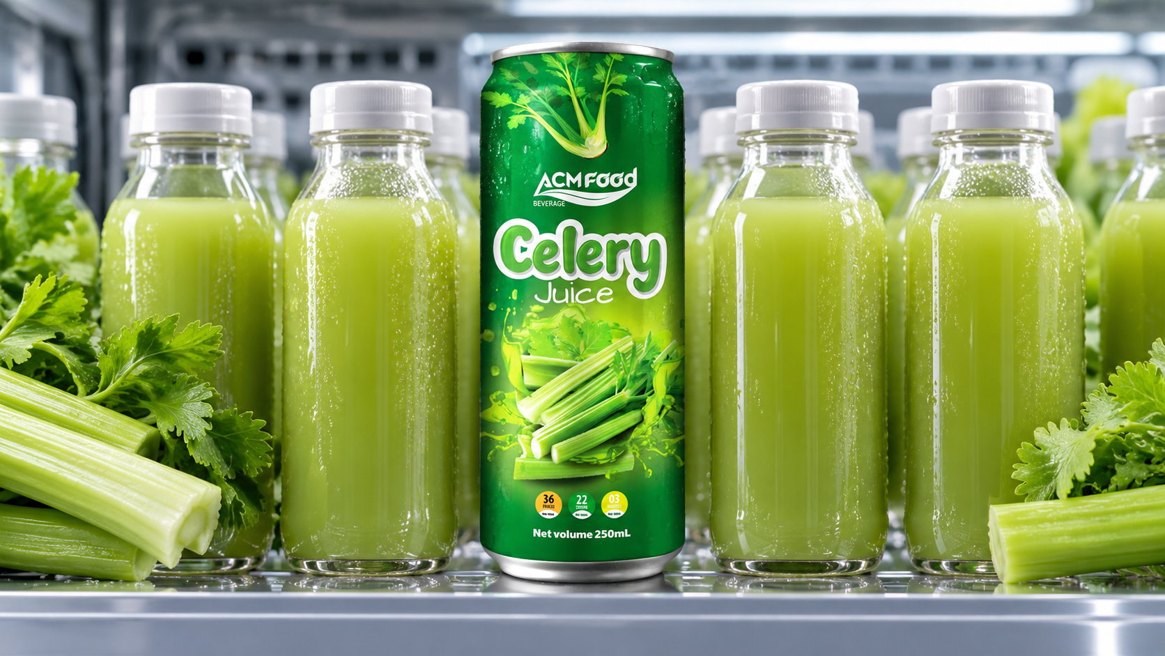 A refrigerated shelf with clear bottles of pale green juice arranged neatly in a modern grocery chiller, no readable labels, diffused lighting