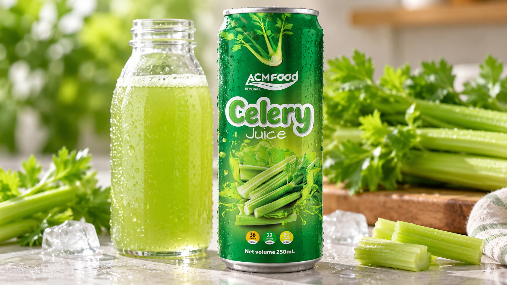 Close-up of a clear PET bottle of pale green celery juice with condensation on a light surface, shallow depth of field