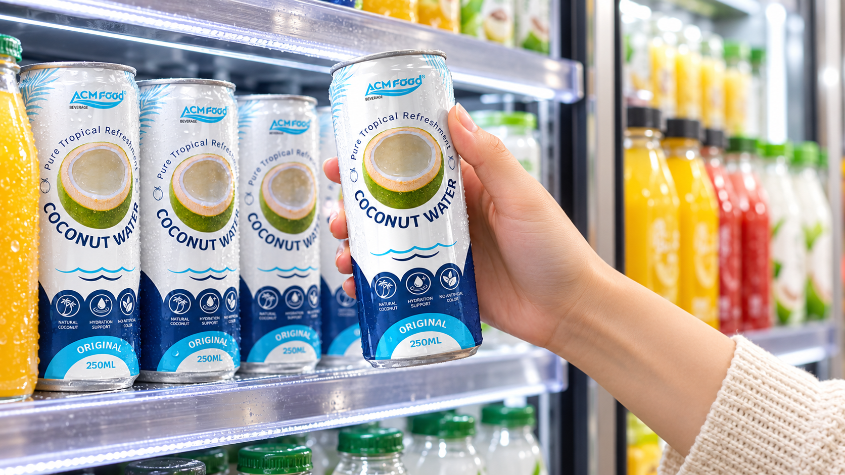 Shopper's hand taking a chilled bottle of coconut water from a refrigerated supermarket shelf, rows of chilled juices and coconut water bottles around it, bright clean retail lighting, realistic commercial photography, 16:9 landscape, no text, no logos