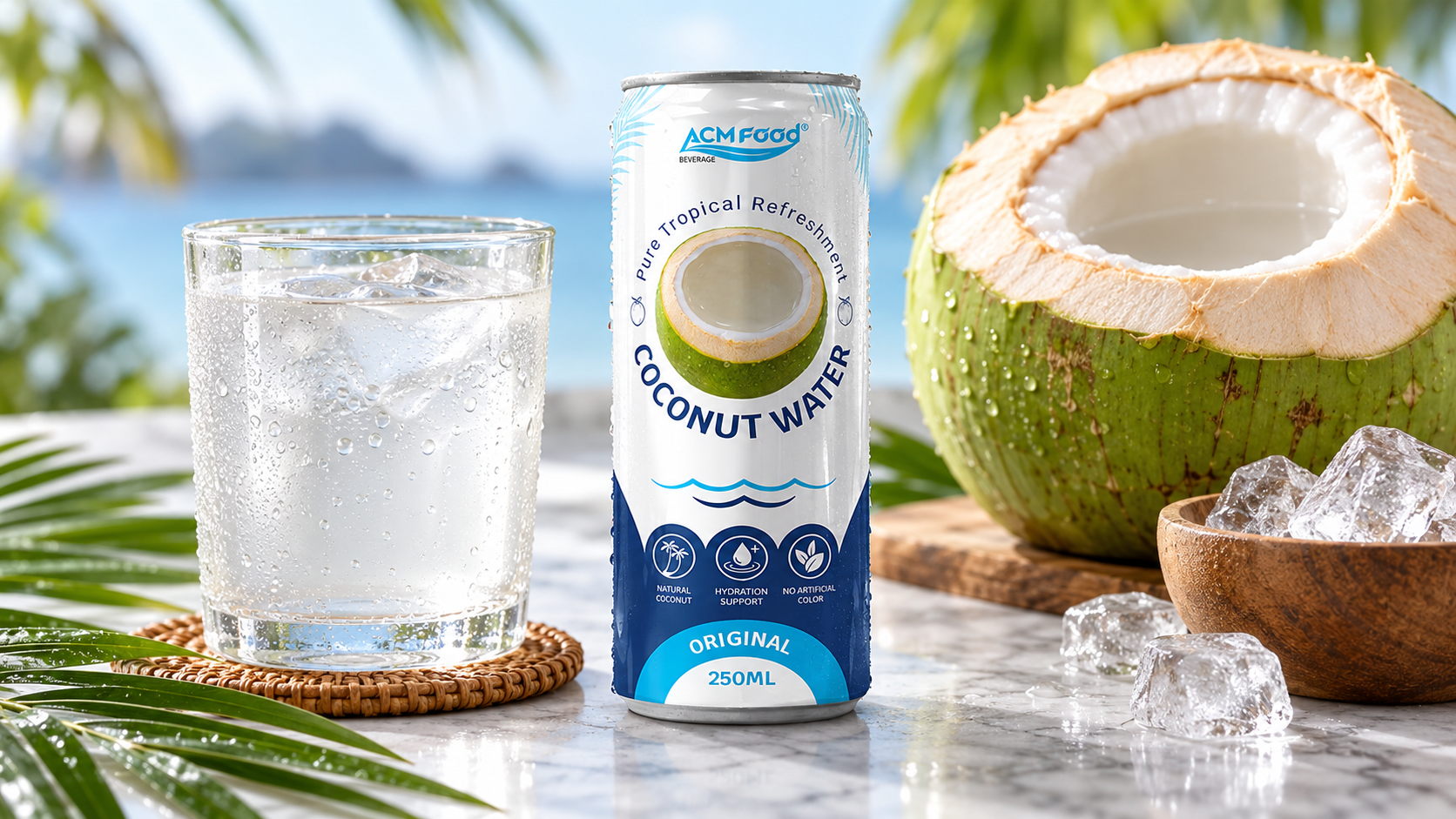 Close-up of a glass of clear coconut water with condensation beside a halved young coconut and a small bowl of ice on a light marble surface, soft natural light, realistic commercial beverage photography, 16:9 landscape, no text