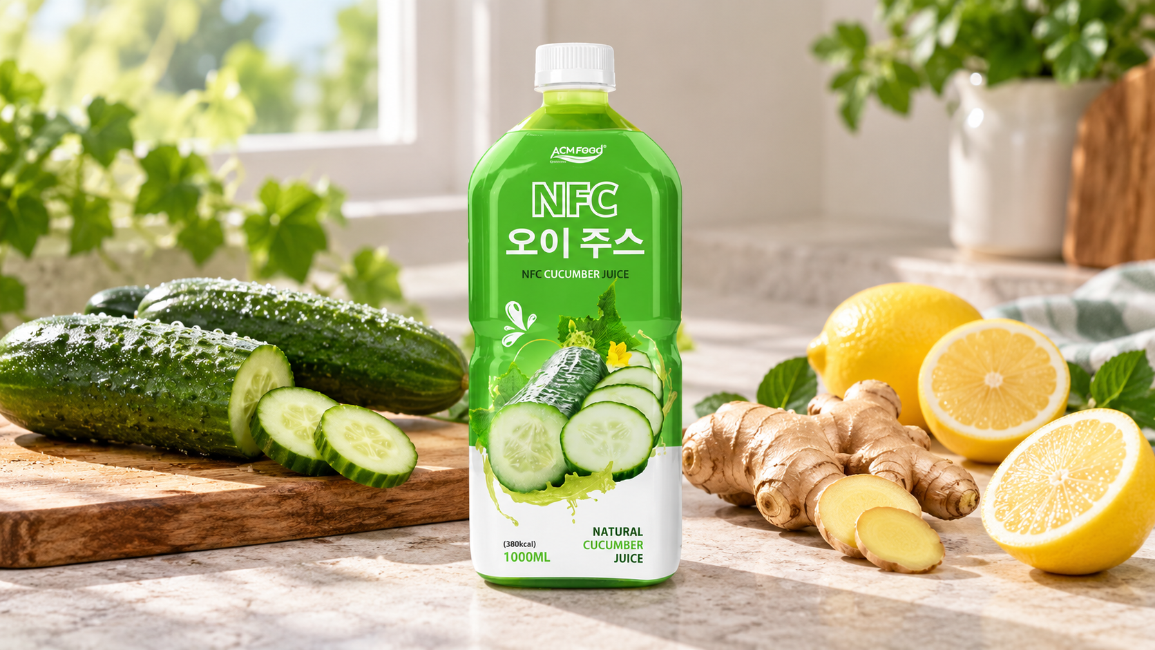 Whole cucumbers, fresh ginger root and halved lemons on a light stone countertop, soft natural window light, landscape commercial food photography