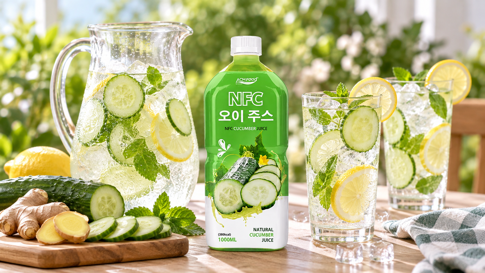 A glass pitcher and tall glasses of clear cucumber ginger lemon water with ice and thin slices on a bright sunny table, diffused daylight, clean styling