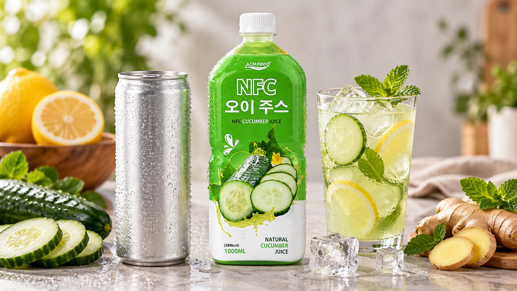 Close-up of a slim aluminium can and a clear glass bottle of cucumber ginger lemon water with condensation on a neutral surface, shallow depth of field