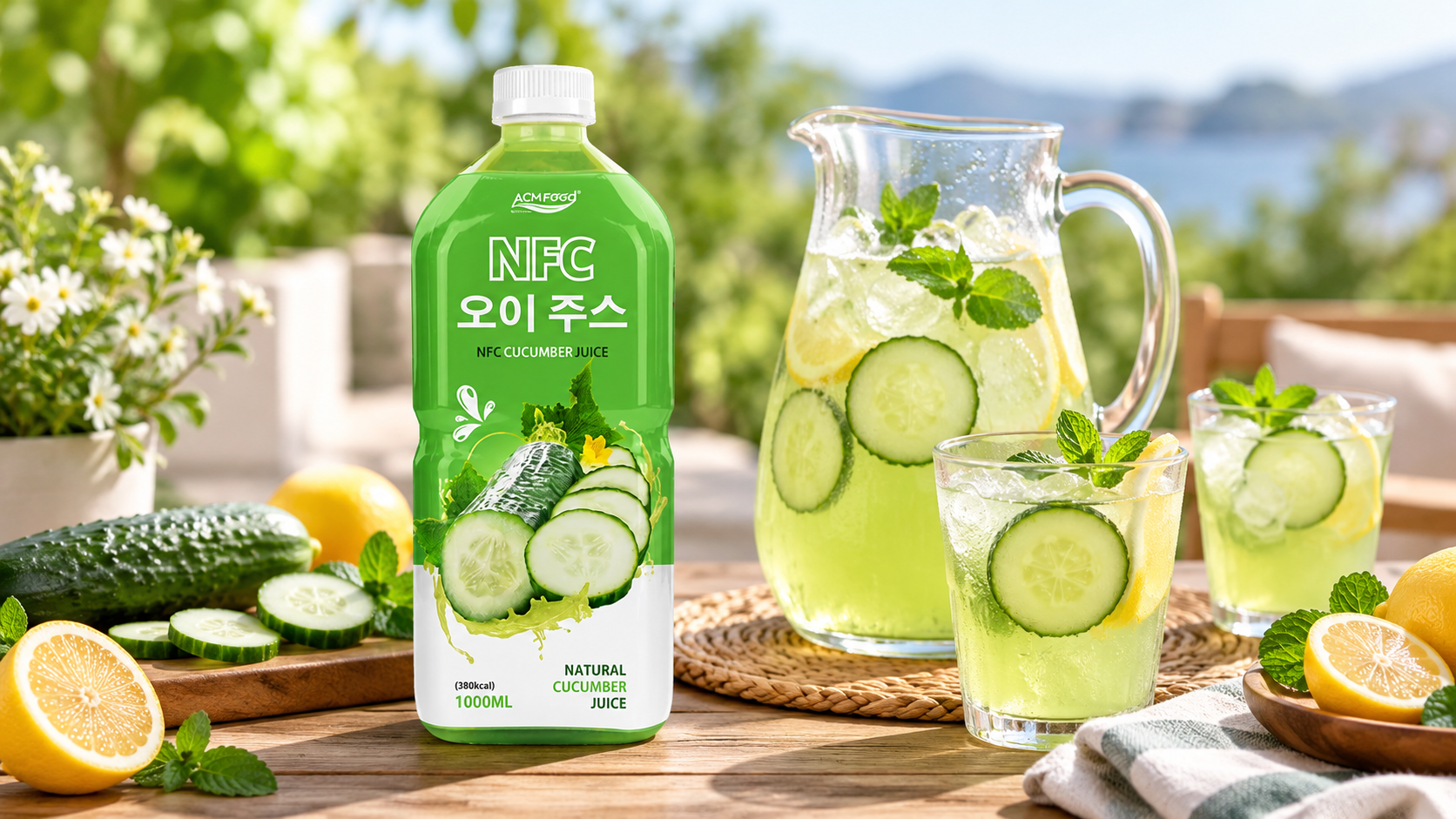 A tall glass pitcher and glasses of pale green cucumber lemon water with ice and thin cucumber slices on a sunny outdoor table, diffused daylight, clean styling