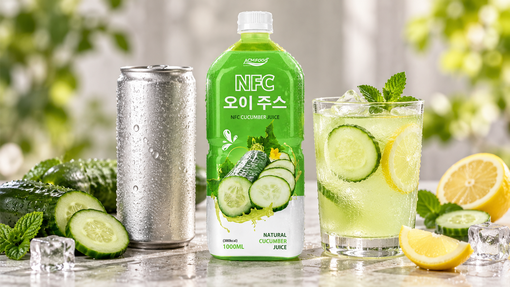 Close-up of a slim aluminium can and a clear glass bottle of pale cucumber lemon drink with condensation on a neutral surface, shallow depth of field