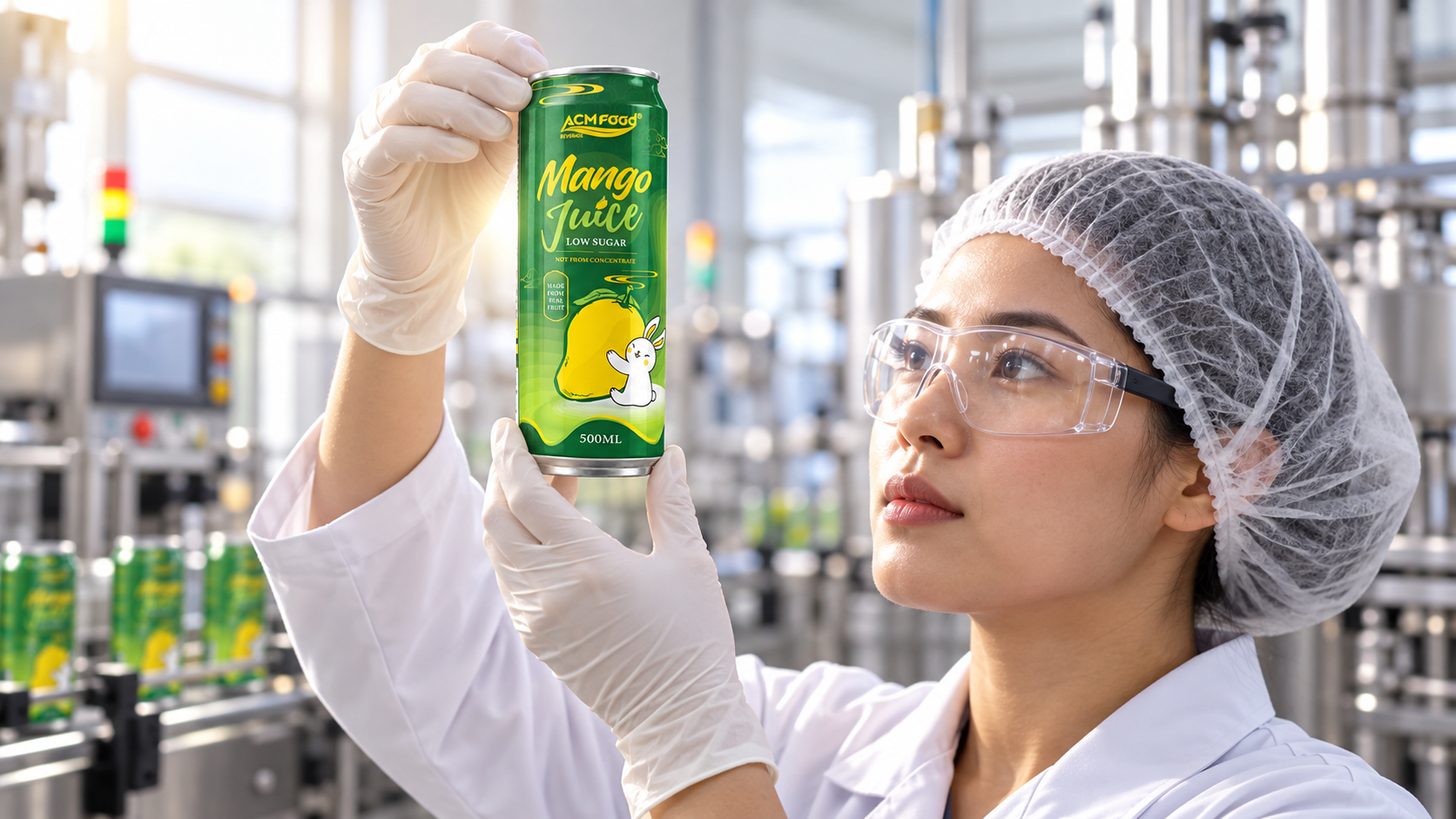 Technician holding a filled beverage bottle up to the light for visual inspection beside production equipment, industrial setting softly blurred behind, realistic documentary photography