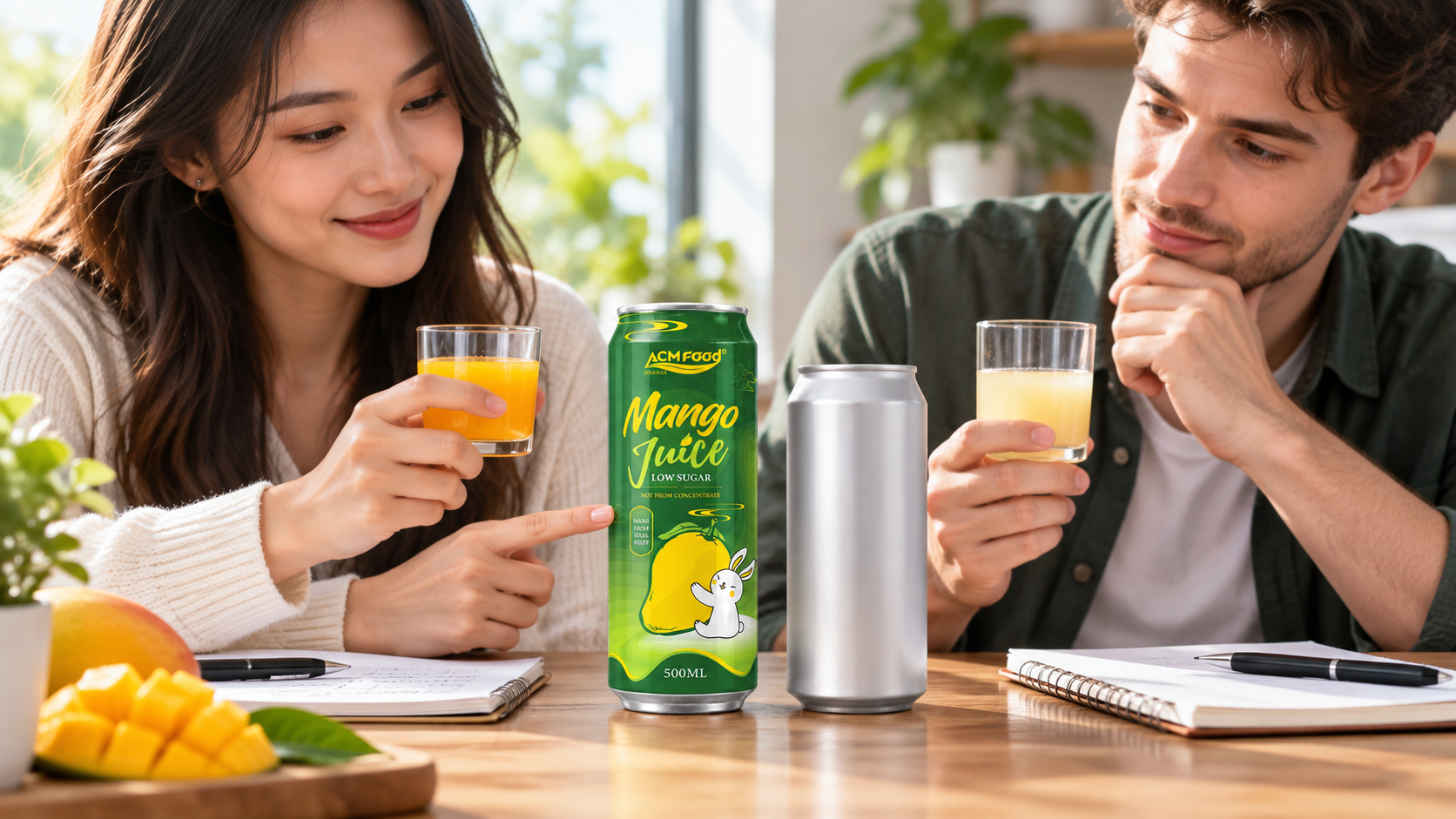 Two people comparing a sample beverage bottle against a competitor product on a table with notes, bright natural window light, realistic commercial photography, shallow depth of field