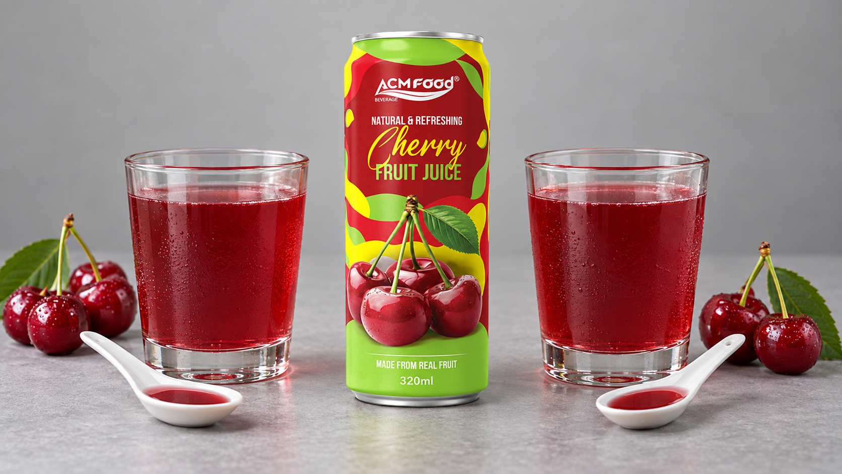 Two glasses of similar fruit drink side by side for comparison tasting with small tasting spoons, neutral grey background, even diffused studio light, realistic commercial photography