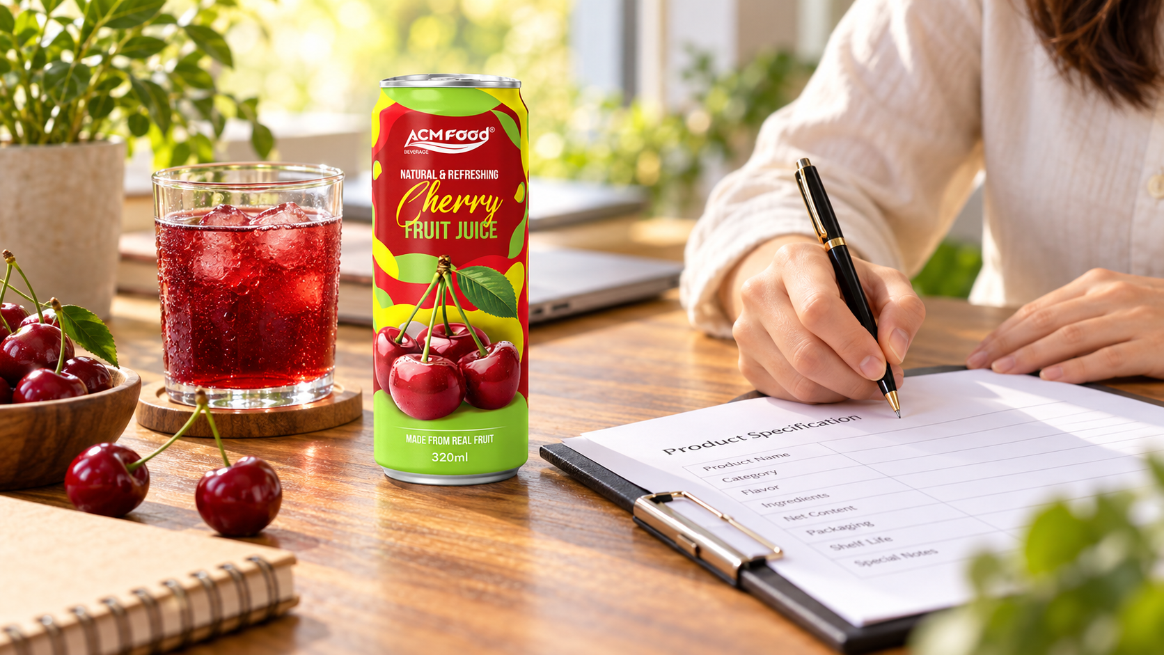 Person writing notes on a product specification sheet beside a sample bottle of fruit beverage, warm daylight on a wooden desk, realistic commercial photography, shallow depth of field