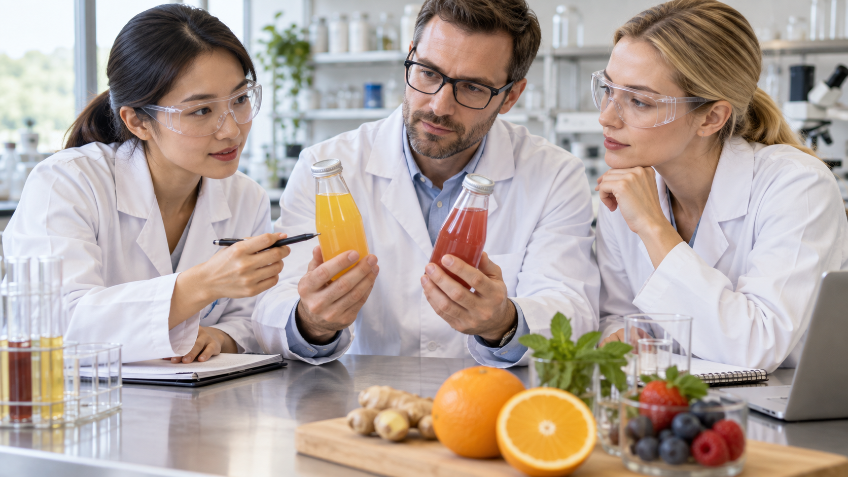 Close-up of a formulation team reviewing two different beverage concept samples on a laboratory bench, bright even lighting, realistic commercial documentation photography, landscape composition