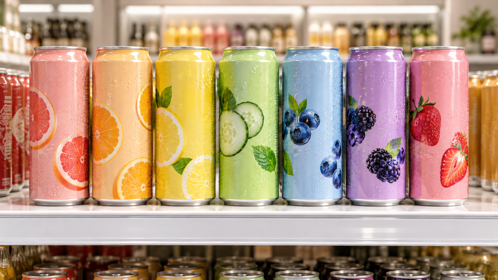 A row of finished unbranded functional beverage cans standing on a bright retail shelf mock-up, seen at eye level, warm even lighting, realistic commercial retail photography, landscape composition, no legible labels
