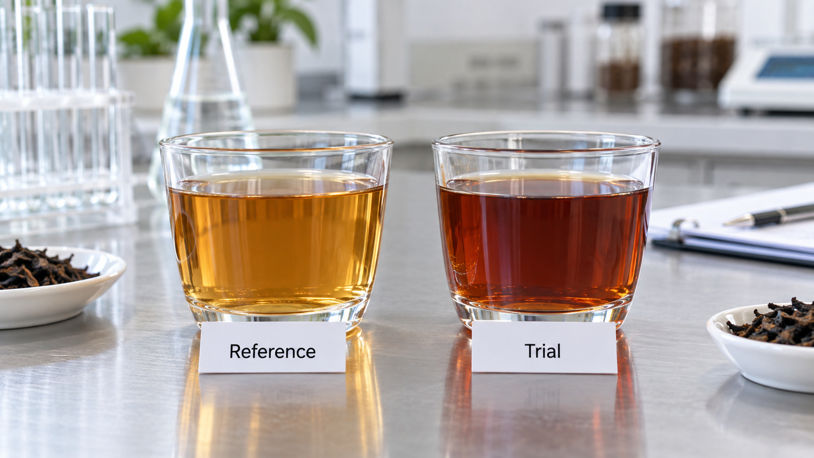 Close-up of two beverage samples in clear glass cups being compared side by side on a laboratory bench, one labelled reference and one labelled trial, bright even lighting, realistic commercial documentation photography, landscape composition