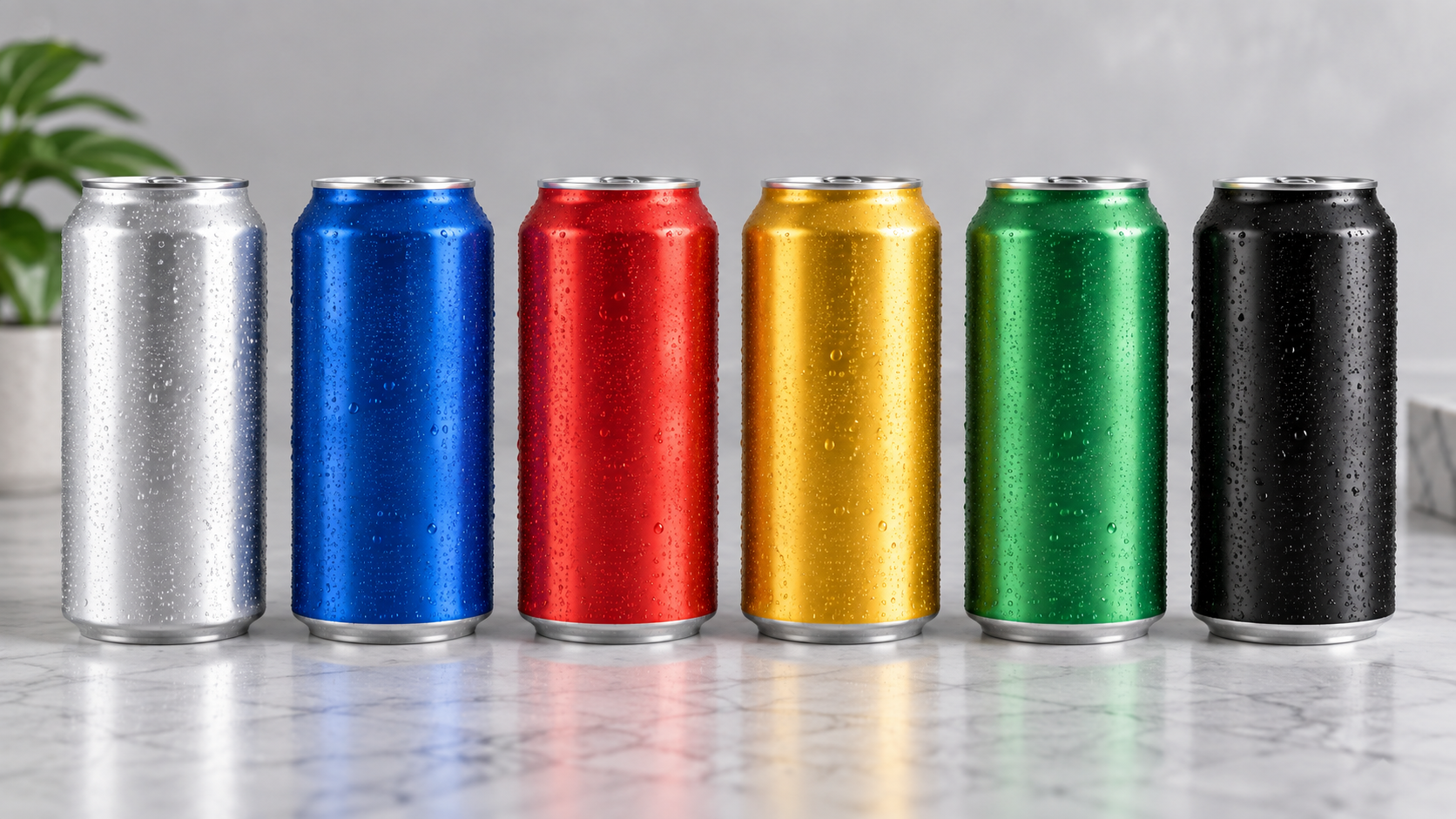 A row of finished unbranded beverage cans standing beside a single reference sample can on a clean studio surface, even neutral lighting, realistic commercial product photography, landscape composition, no legible labels