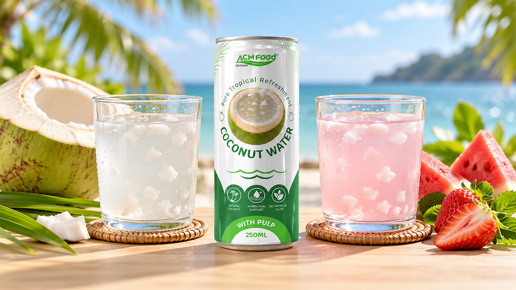 Two glasses side by side on a light wooden table, one with clear unflavored coconut water next to a halved young coconut, the other with pale pink fruit-flavored coconut water next to fresh fruit slices, bright natural daylight, realistic commercial food photography, 16:9 landscape, no text