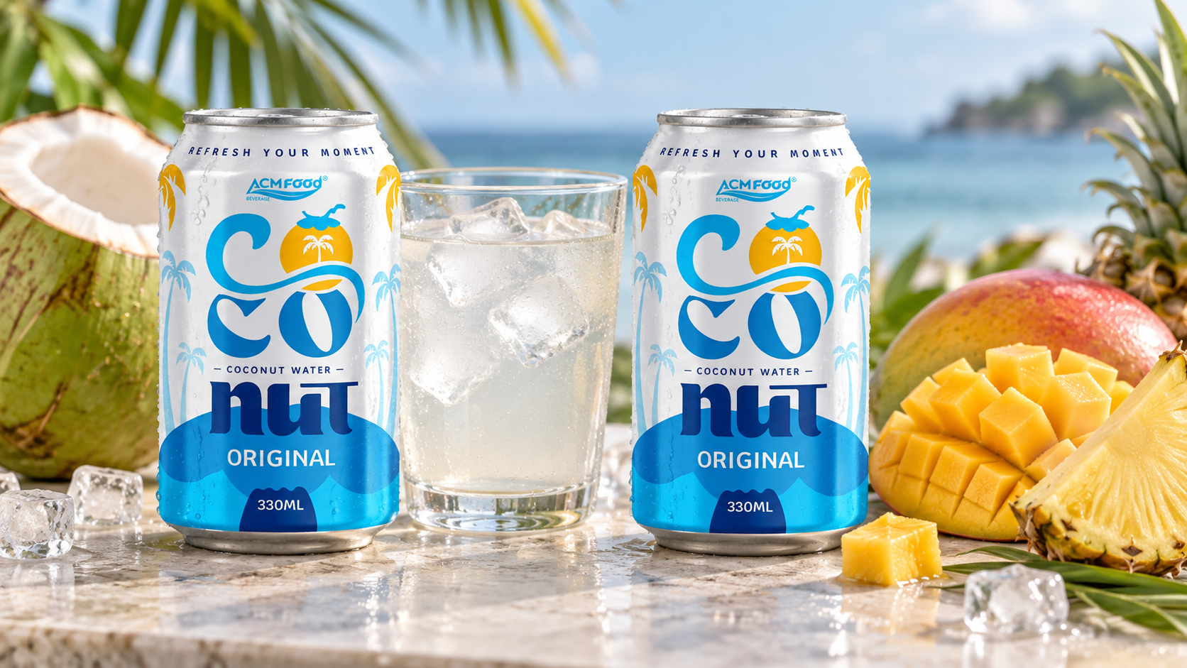 Close-up of two chilled aluminium cans of coconut water on a light stone surface, one plain and one beside fresh mango and pineapple pieces, a glass of coconut water with ice between them, soft natural light, realistic commercial beverage photography, 16:9 landscape, no text, no logos