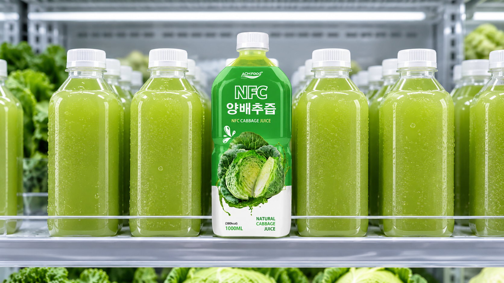 A refrigerated shelf with clear bottles of pale green juice arranged neatly in a modern grocery chiller, no readable labels, diffused lighting