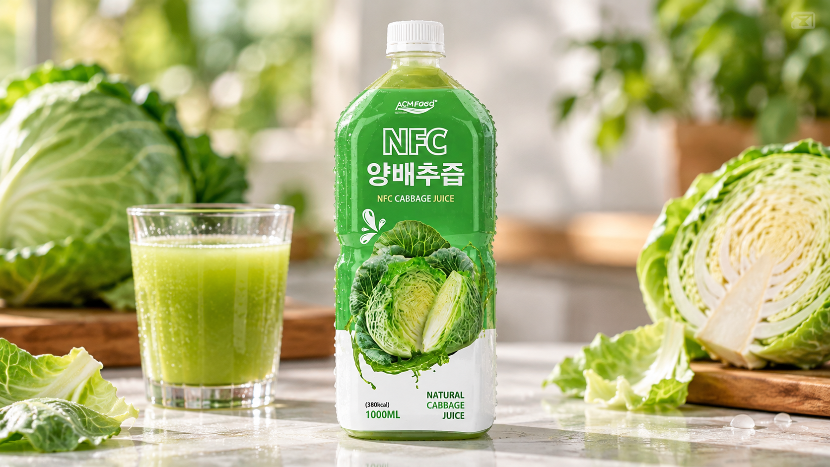 Close-up of a clear glass bottle of pale green cabbage juice with condensation on a light surface, shallow depth of field