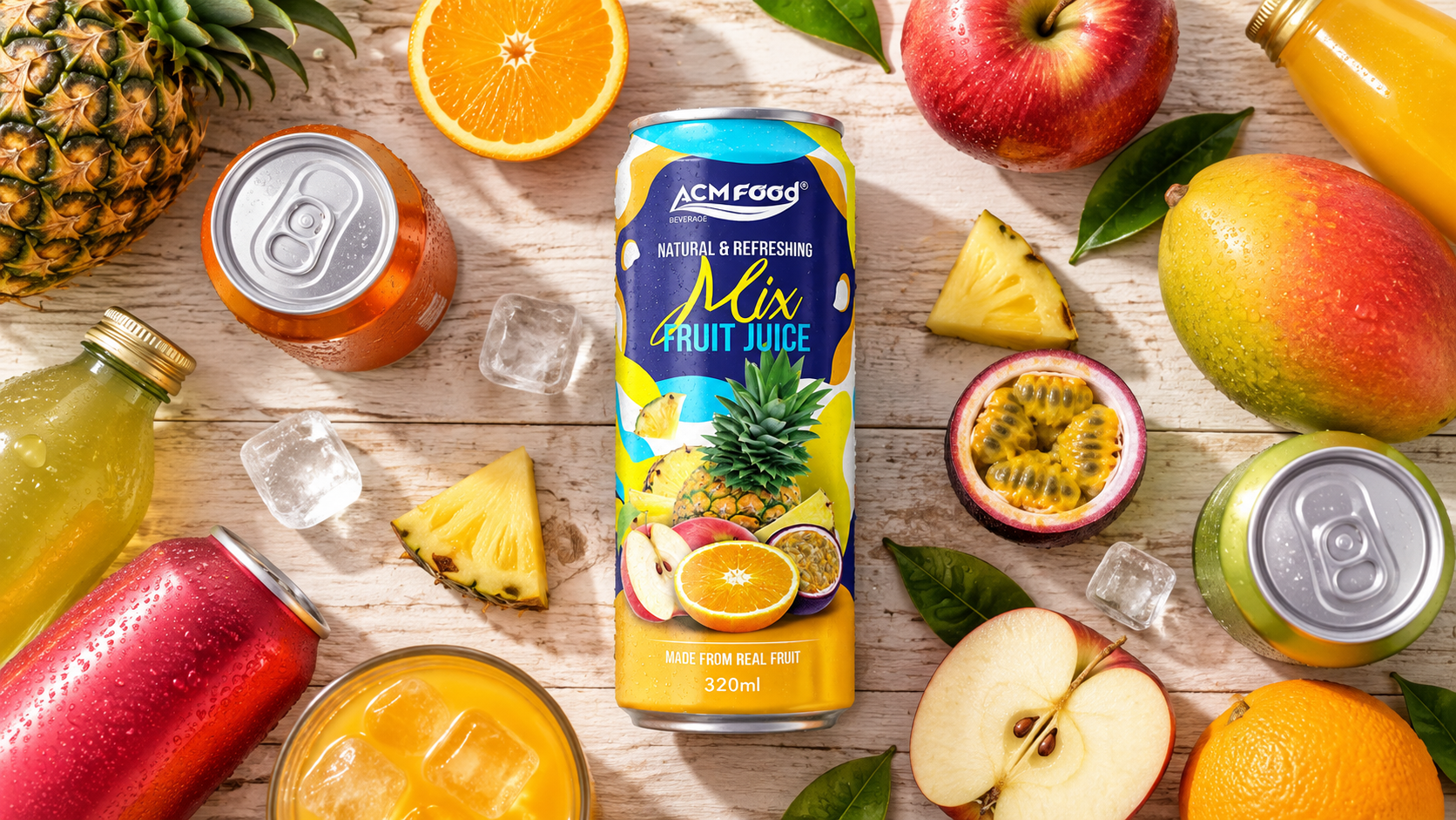 Overhead flat lay of assorted unbranded beverage cans and bottles arranged on a pale wooden surface beside a variety of whole fresh fruit, soft natural daylight, clean commercial product photography, landscape composition, no readable text