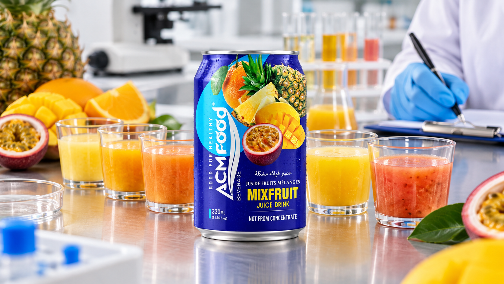 Close-up of a formulation trial with several small glasses of blended fruit juice samples on a laboratory bench, bright even lighting, realistic commercial documentation photography, landscape composition