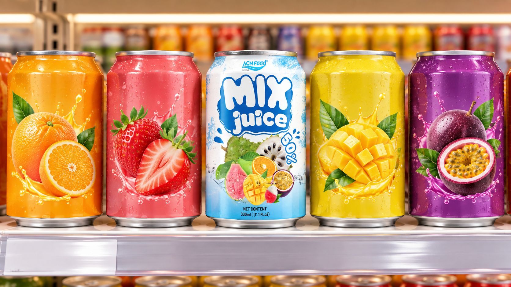 A row of finished unbranded fruit juice beverage cans standing on a bright retail shelf mock-up, seen at eye level, warm even lighting, realistic commercial retail photography, landscape composition, no legible labels