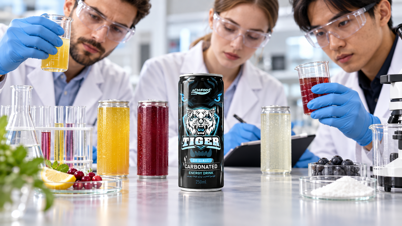 Close-up of a formulation team reviewing several functional beverage concept samples on a laboratory bench, bright even lighting, realistic commercial documentation photography, landscape composition