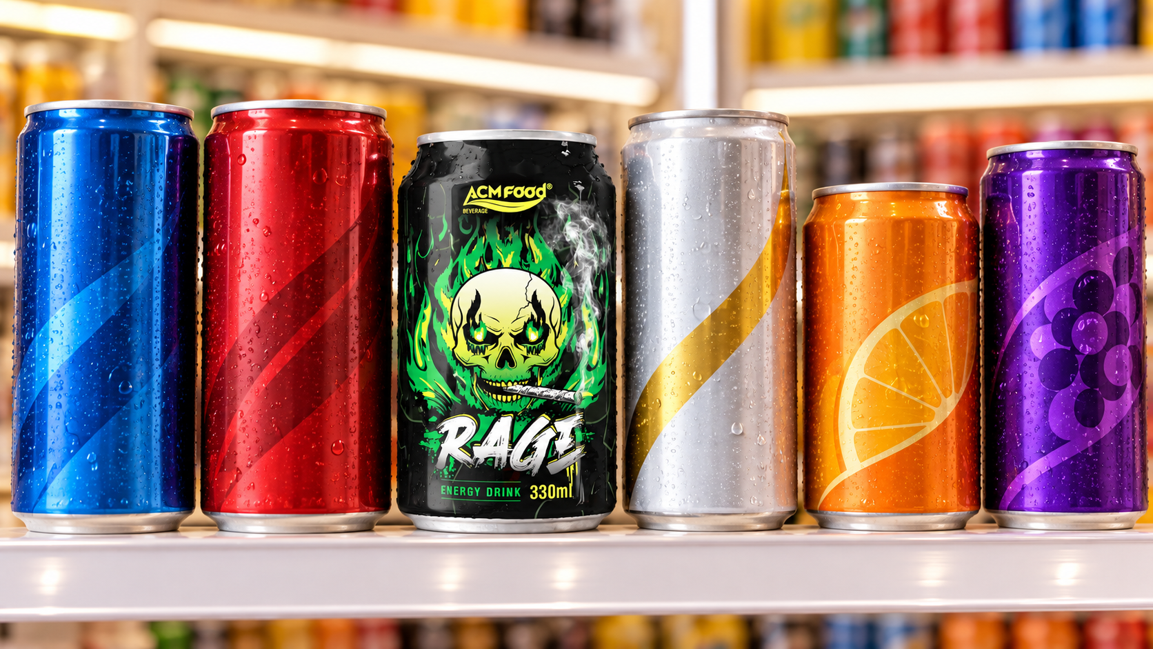 A row of finished unbranded functional beverage cans in different formats standing together on a bright retail shelf mock-up, seen at eye level, warm even lighting, realistic commercial retail photography, landscape composition, no legible labels