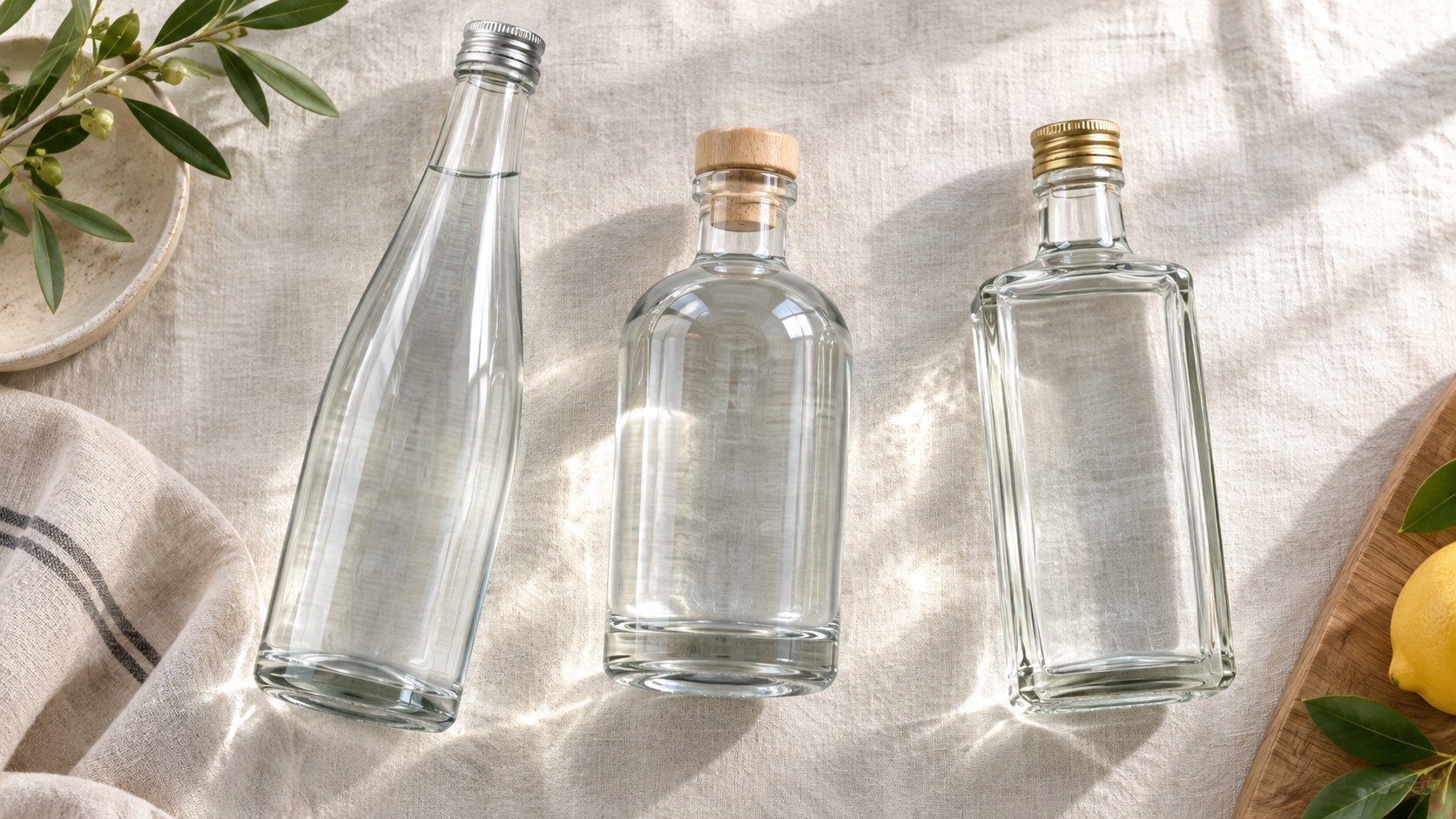 Overhead flat lay of three unbranded clear glass beverage bottles of different shapes on a pale linen surface, soft natural window light casting gentle reflections, clean commercial product photography, landscape composition, no readable labels
