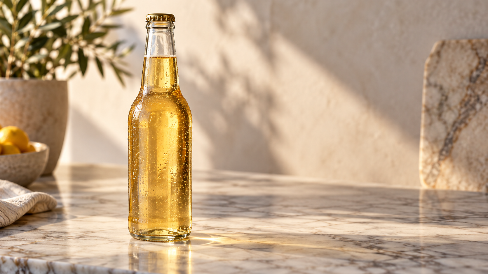 Close-up of a single clear glass beverage bottle filled with pale golden liquid standing on a marble surface, warm side lighting creating soft reflections through the glass, realistic premium commercial product photography, landscape composition, generous negative space