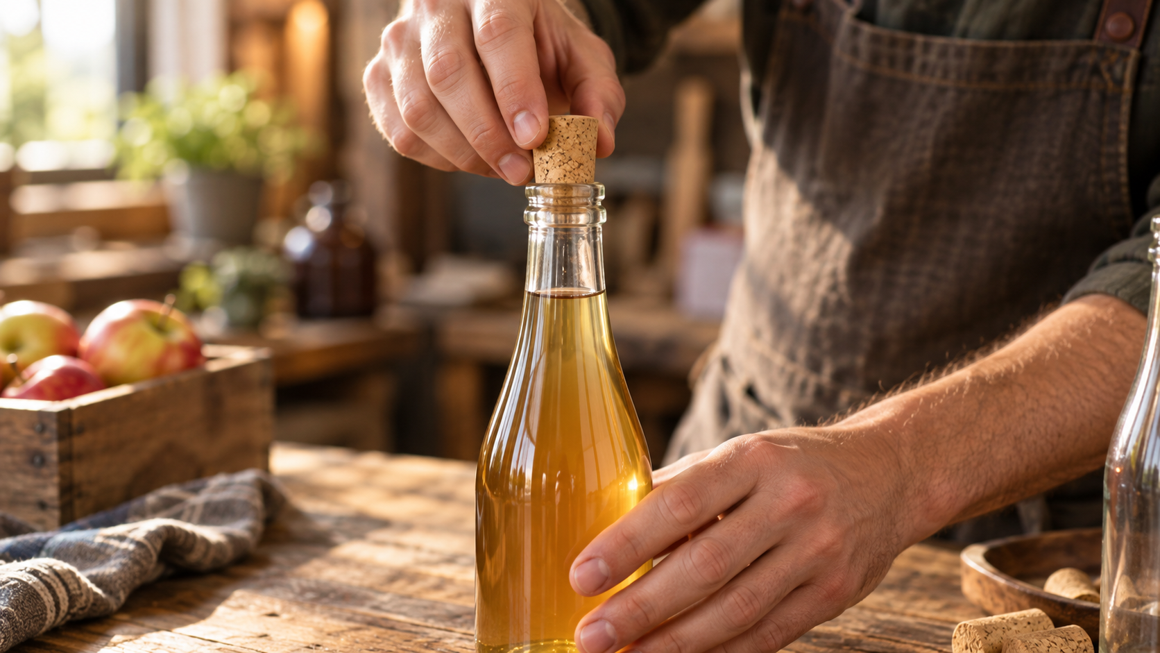 Close-up of a hand placing a cork-style closure onto an unbranded glass beverage bottle on a wooden workbench, warm workshop lighting, shallow depth of field, realistic artisanal commercial product photography, landscape composition