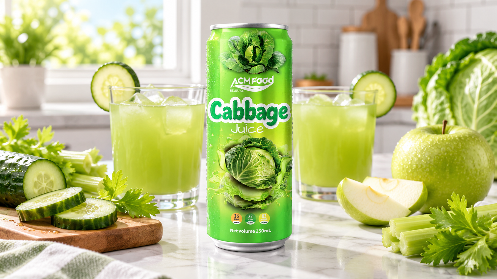 Glasses of pale green juice with cucumber slices, celery sticks and apple wedges on a bright kitchen counter, diffused daylight, clean modern styling