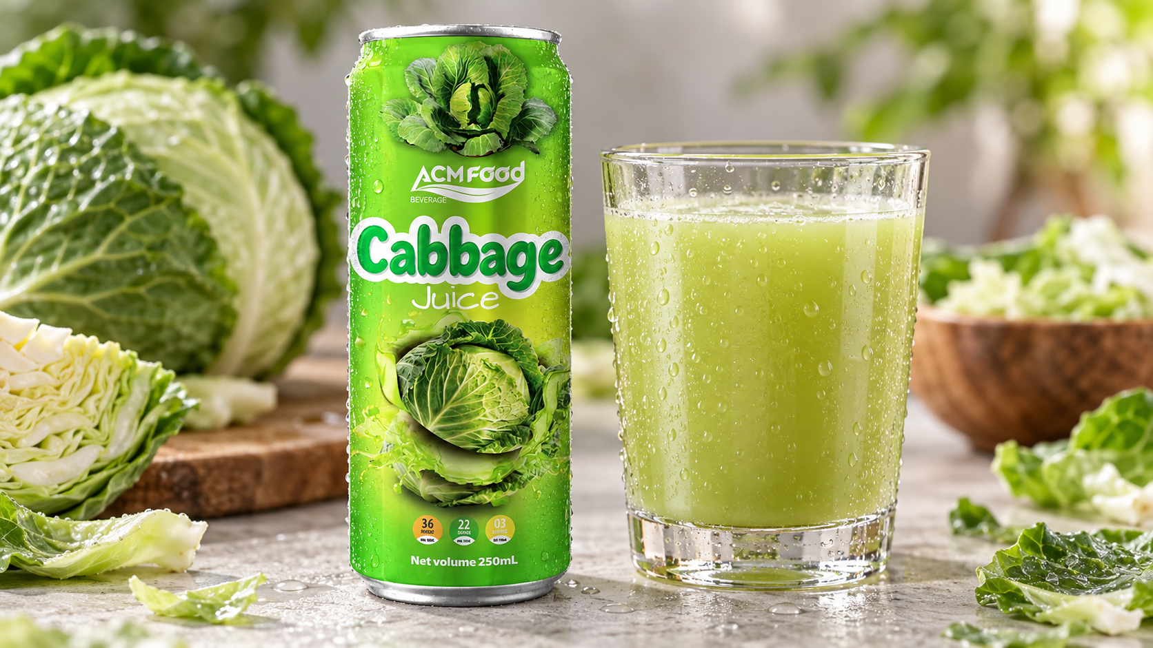 Close-up of a slim aluminium can and a clear glass of pale green cabbage blend juice with condensation on a neutral surface, shallow depth of field