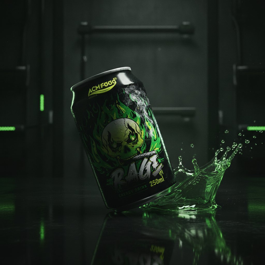 A professional studio shot of the Green Rage Energy Drink 250ml Short Can on a r