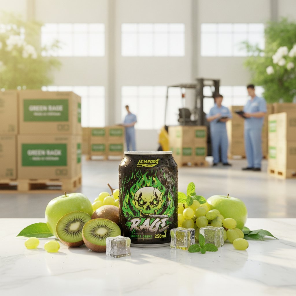 An overseas export warehouse scene with stacks of Green Rage Energy Drink 250ml